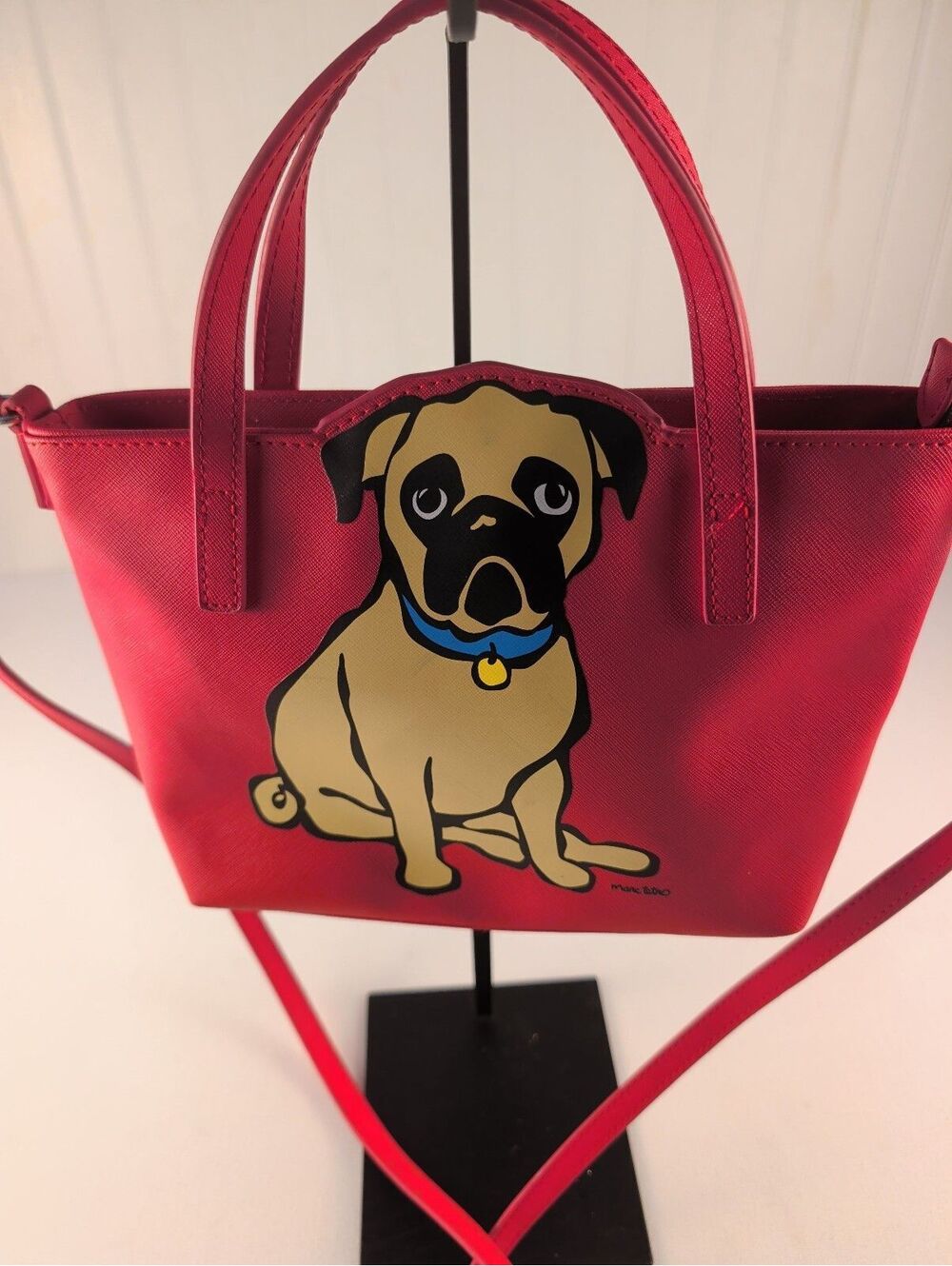 Marc Tetro Red Pug Print Tote Bag with Crossbody Strap